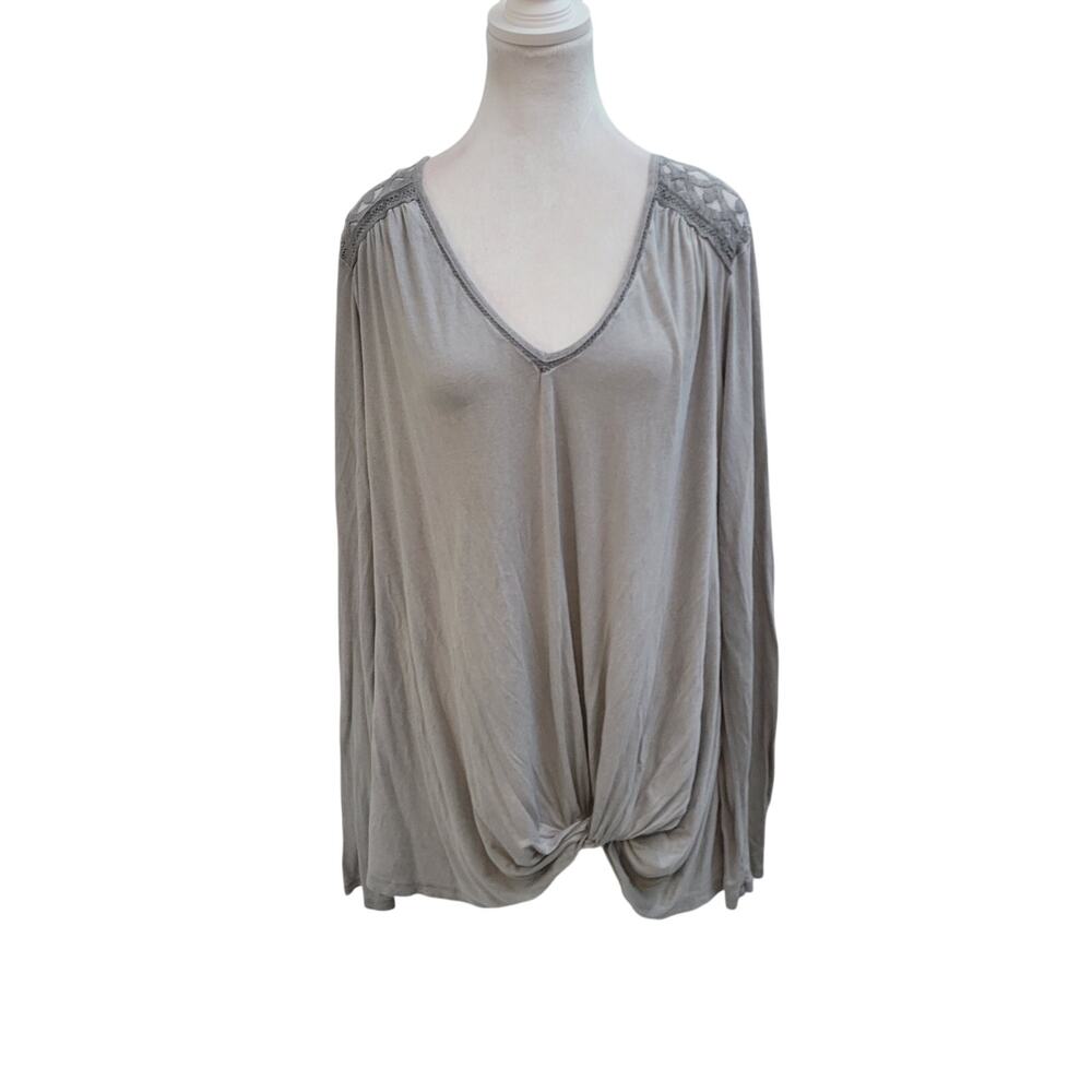 Knox Rose Size XXL‎ Gray Lace Shoulder Scrunch Waist Long Sleeve Boho Top